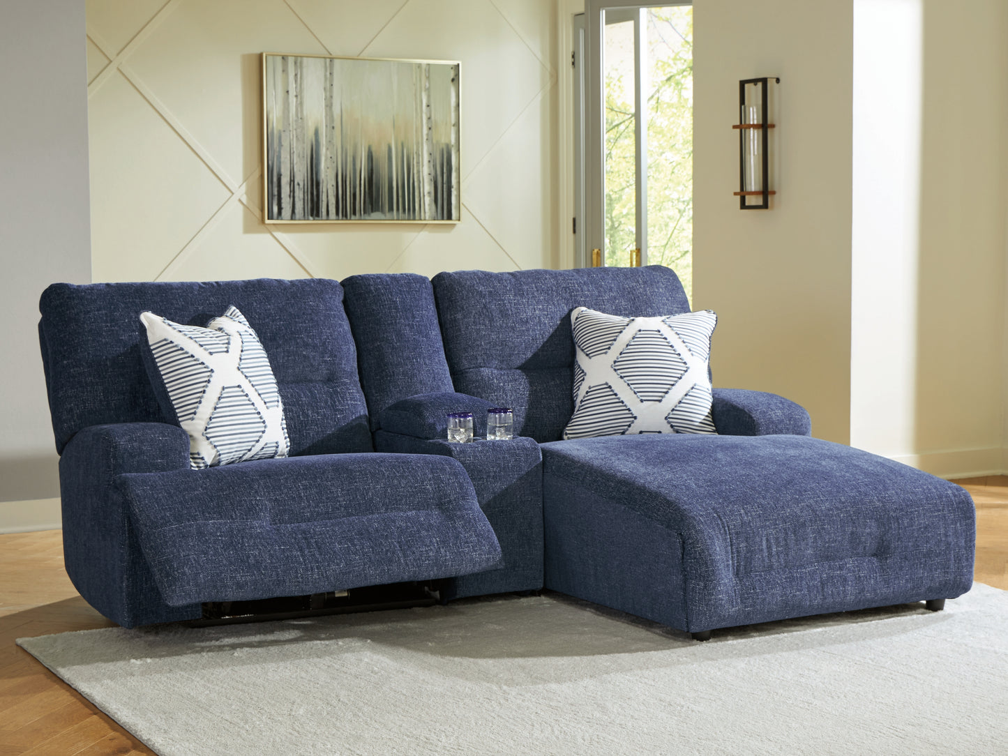 Cape Furniture Outlet - Ashley Furniture - Acklen Place Sectional - 3-Piece Power Reclining Sectional Sofa with Chaise / Navy - 93607S4