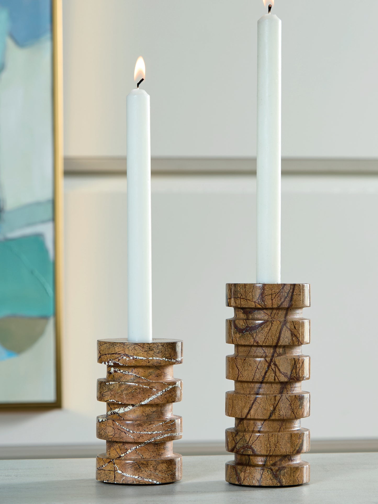 Cape Furniture Outlet - Ashley Furniture - Emsleyfield Candle Holder - Candle Holder Set (Set of 2) / Tan - A2000735