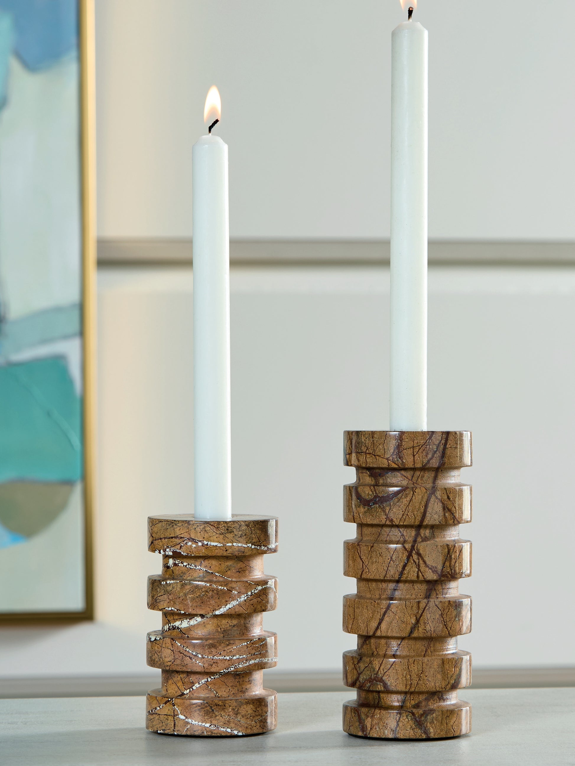 Cape Furniture Outlet - Ashley Furniture - Emsleyfield Candle Holder - Candle Holder Set (Set of 2) / Tan - A2000735