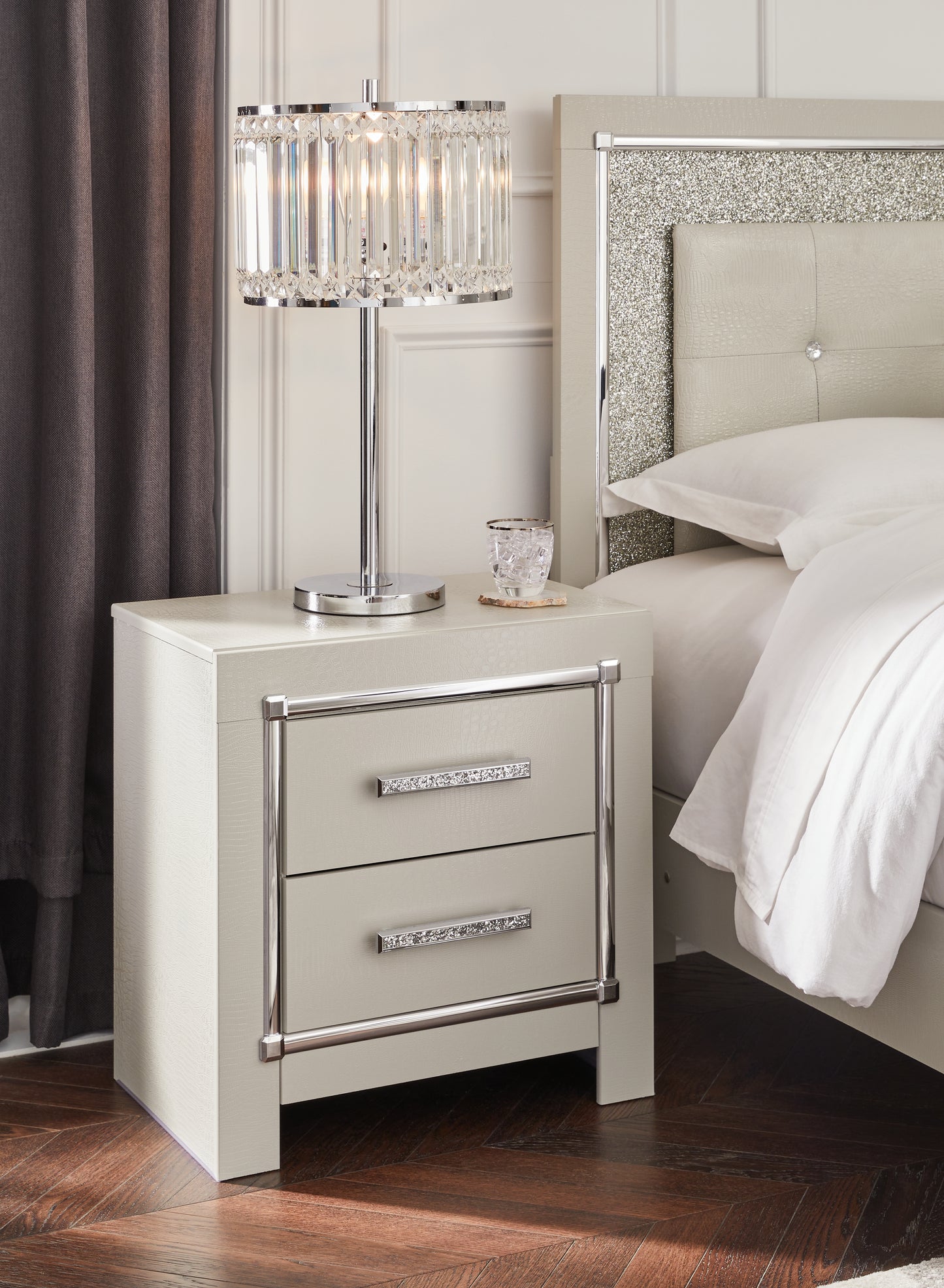 Cape Furniture Outlet - Ashley Furniture - Zyniden Bedroom - Two Drawer Night Stand / Silver - B2114-92