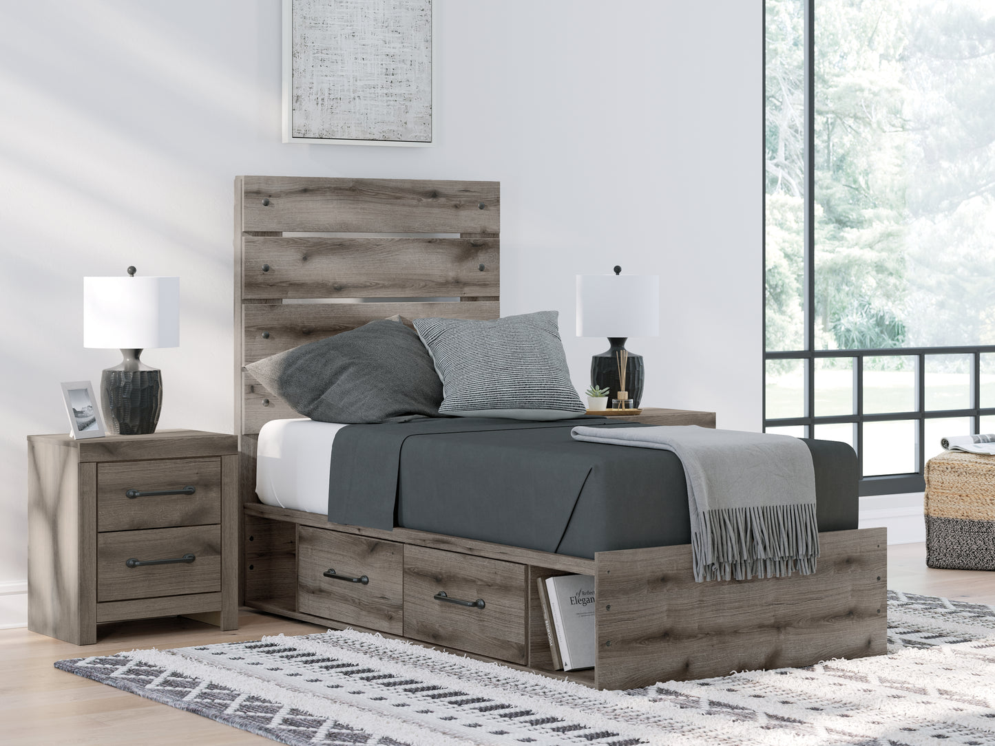 Cape Furniture Outlet - Ashley Furniture - Graystorm Bedroom - Twin Panel Bed with Storage / Brown Gray - PCB2405B19