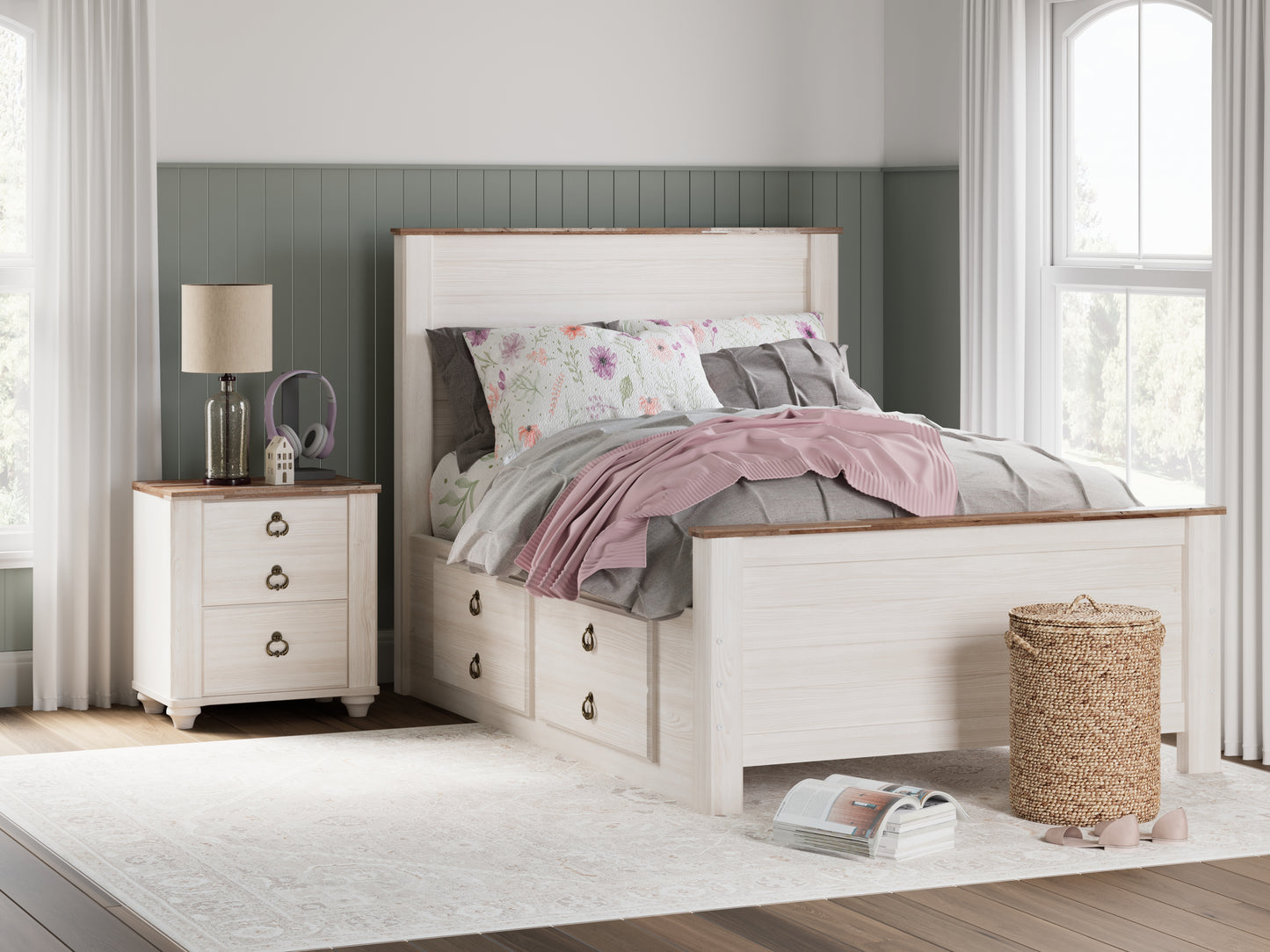 Cape Furniture Outlet - Ashley Furniture - Willowton Bedroom - Full Panel Bed with 2 Storage Drawers / Whitewash - B267B22