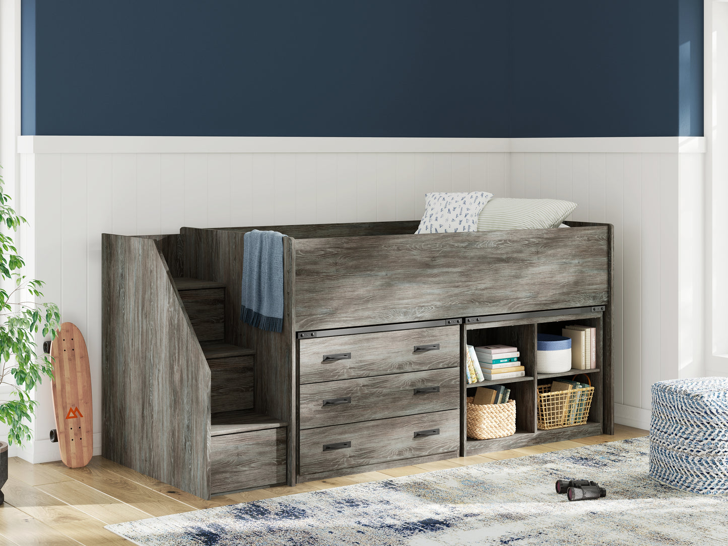Cape Furniture Outlet - Ashley Furniture - Frandern Bedroom - Twin Loft Bed with Bookcase and Drawer Storage / Gray - B4480B16