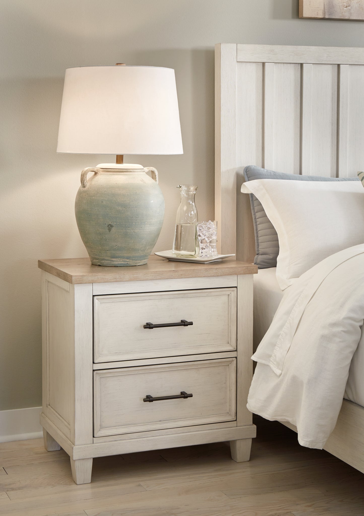 Cape Furniture Outlet - Ashley Furniture - Shaybrock Bedroom - Two Drawer Night Stand / Antique White/Brown - B683-92