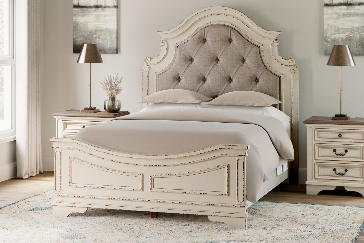 Cape Furniture Outlet - Ashley Furniture - Realyn Bedroom - Queen Upholstered Panel Bed / Chipped White - B743B2