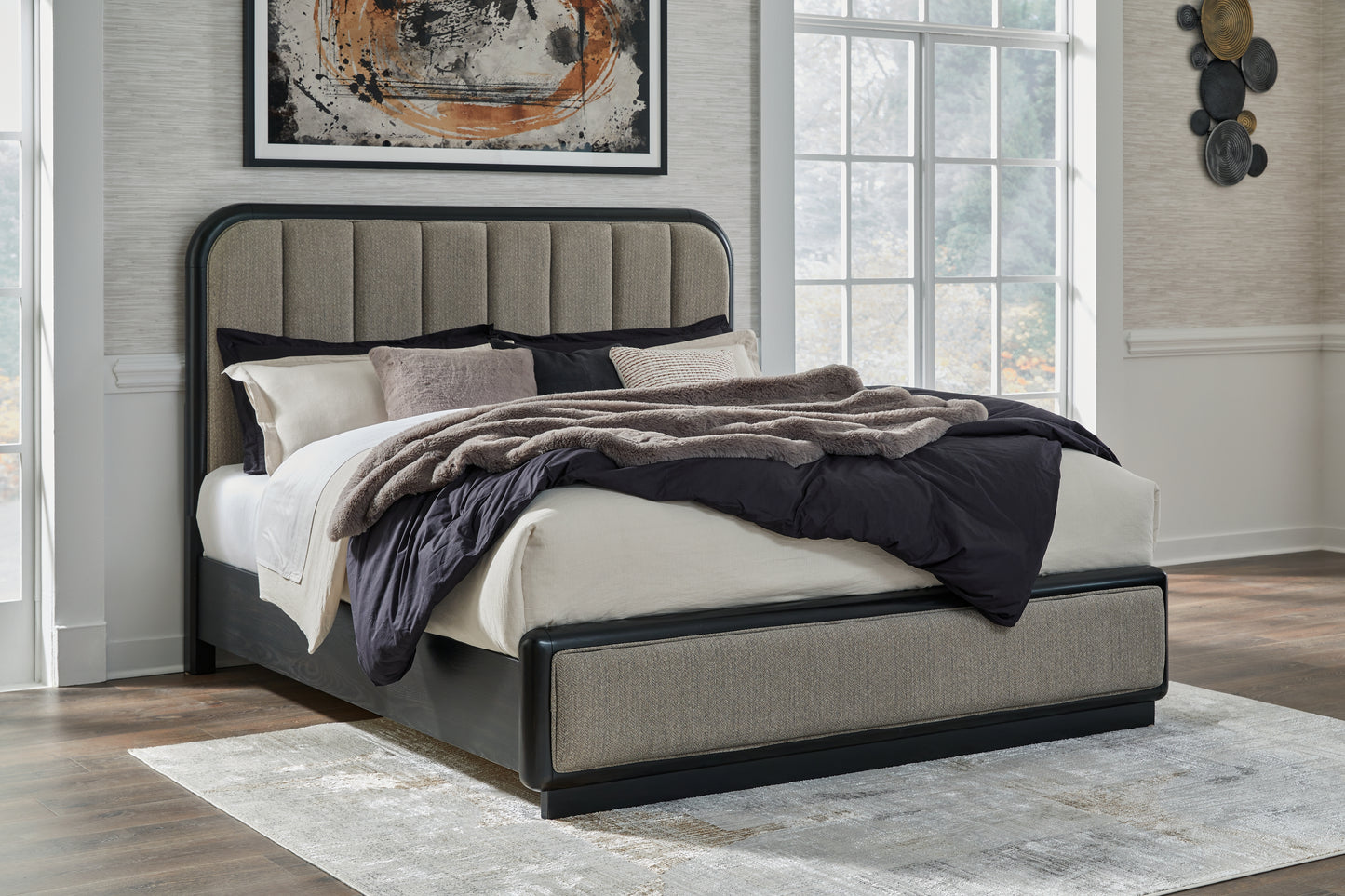 Cape Furniture Outlet - Ashley Furniture - Rowanbeck Bedroom - King Upholstered Panel Bed / Gray/Black - B821B4