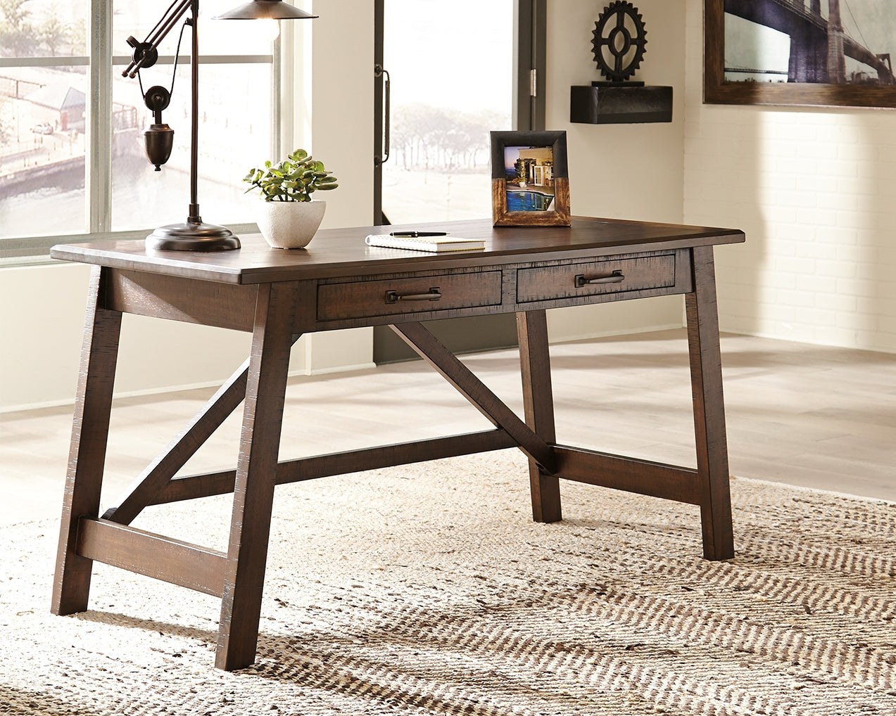 Cape Furniture Outlet - Ashley Furniture - Baldridge Office Desk - Home Office Large Leg Desk / Rustic Brown - H675-44