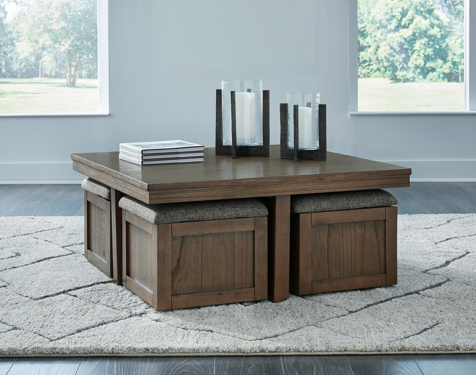 Cape Furniture Outlet - Ashley Furniture - Boardernest Coffee Table with 4 Stools - Cocktail TBL w/4 Stools (5/CN) / Brown - T738-20