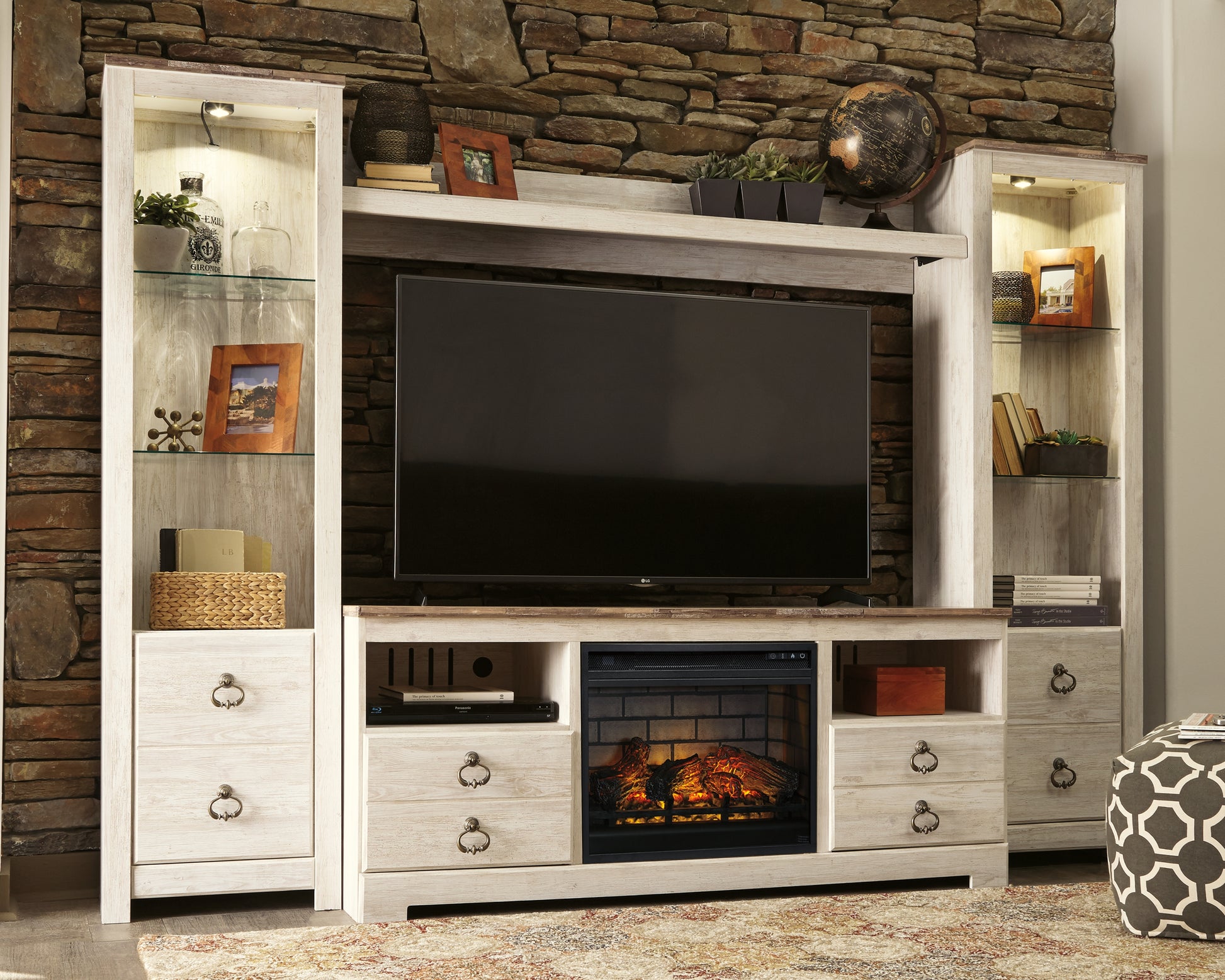 Cape Furniture Outlet - Ashley Furniture - Willowton 4-Piece Entertainment Center with Electric Fireplace - 4-Piece Entertainment Center with Electric Fireplace / Whitewash - W267W9