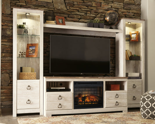 Cape Furniture Outlet - Ashley Furniture - Willowton 4-Piece Entertainment Center with Electric Fireplace - 4-Piece Entertainment Center with Electric Fireplace / Whitewash - W267W9