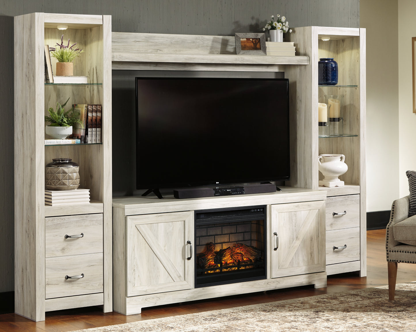 Cape Furniture Outlet - Ashley Furniture - Bellaby 4-Piece Entertainment Center with Electric Fireplace - 4-Piece Entertainment Center with Electric Fireplace / Whitewash - W331W8