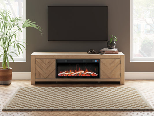 Cape Furniture Outlet - Ashley Furniture - Cayboni 71" TV Stand with Electric Fireplace - 71" TV Stand with Electric Fireplace / Tan - W3787W1