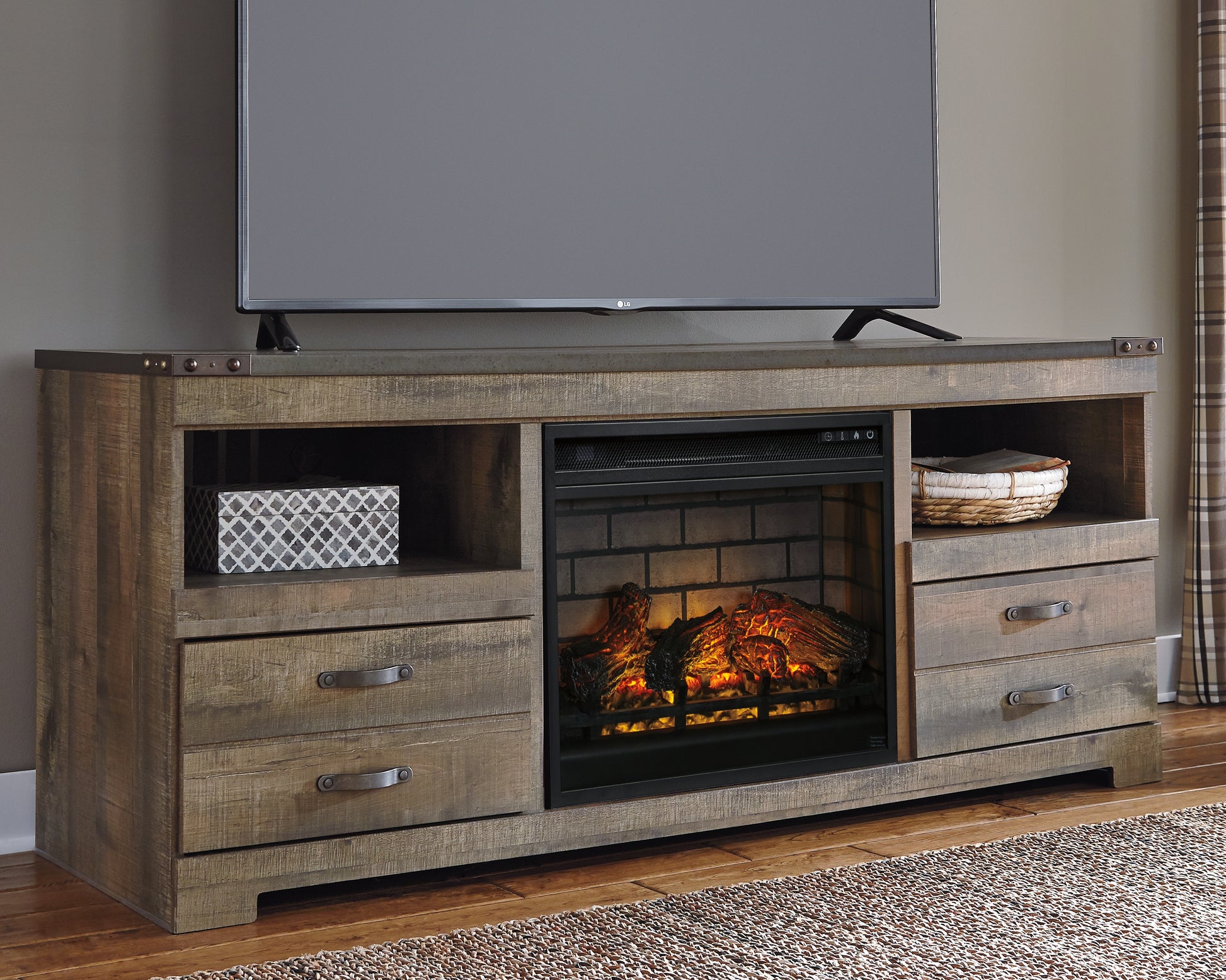 Cape Furniture Outlet - Ashley Furniture - Trinell 63" TV Stand with Electric Fireplace - 63" TV Stand with Electric Fireplace / Brown - W446W9
