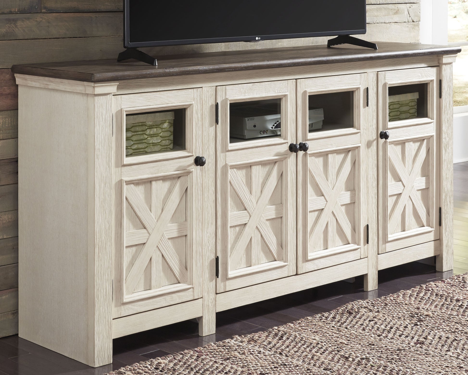 Cape Furniture Outlet - Ashley Furniture - Bolanburg 74" TV Stand - 74" / White/Weathered Gray - W647-60