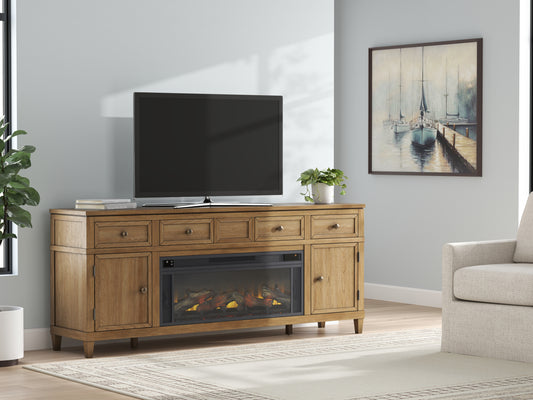Cape Furniture Outlet - Ashley Furniture - Sharlance 81" TV Stand with Electric Fireplace - 81" TV Stand with Electric Fireplace / Light Brown - W655W1