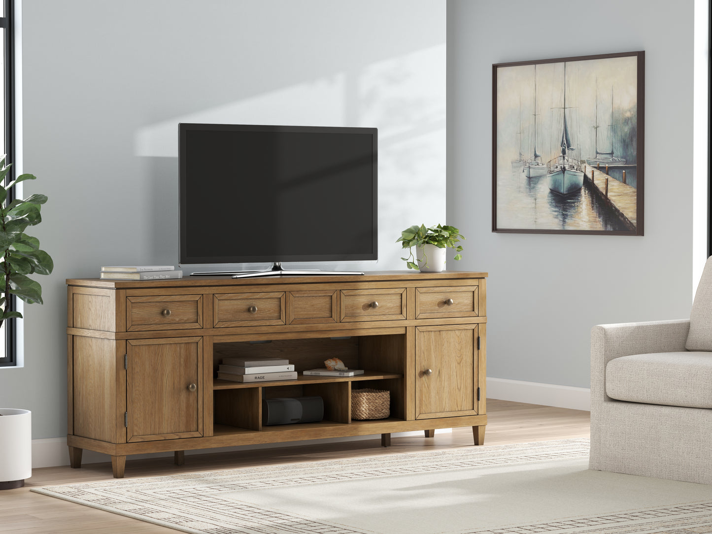 Cape Furniture Outlet - Ashley Furniture - Sharlance 81" TV Stand - 81" / Light Brown - W655-68