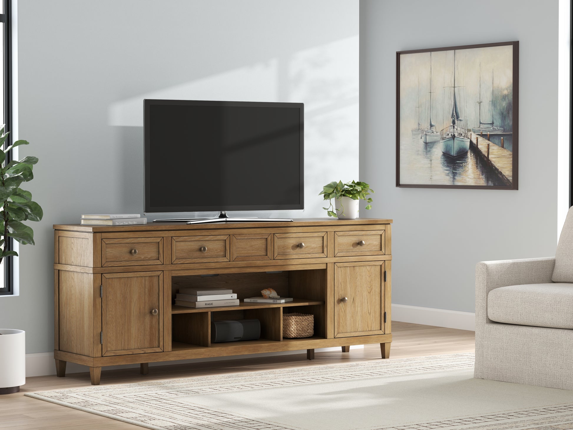 Cape Furniture Outlet - Ashley Furniture - Sharlance 81" TV Stand - 81" / Light Brown - W655-68
