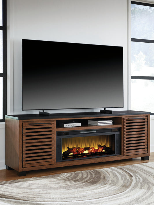 Cape Furniture Outlet - Ashley Furniture - Kallari 84" TV Stand with Electric Fireplace - 84" TV Stand with Electric Fireplace / Warm Brown/Black - W737W1