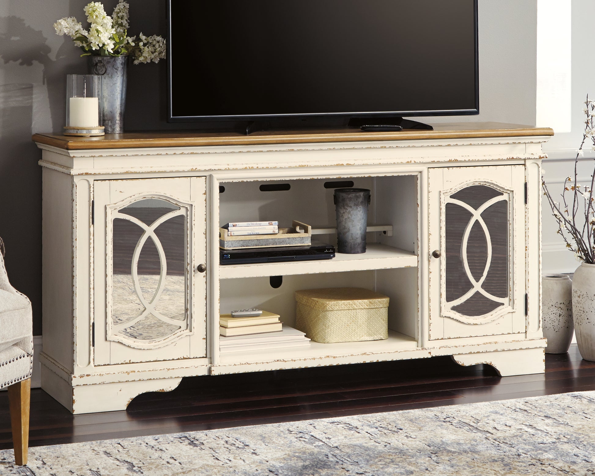 Cape Furniture Outlet - Ashley Furniture - Realyn 74" TV Stand - 74" / Chipped White - W743-68