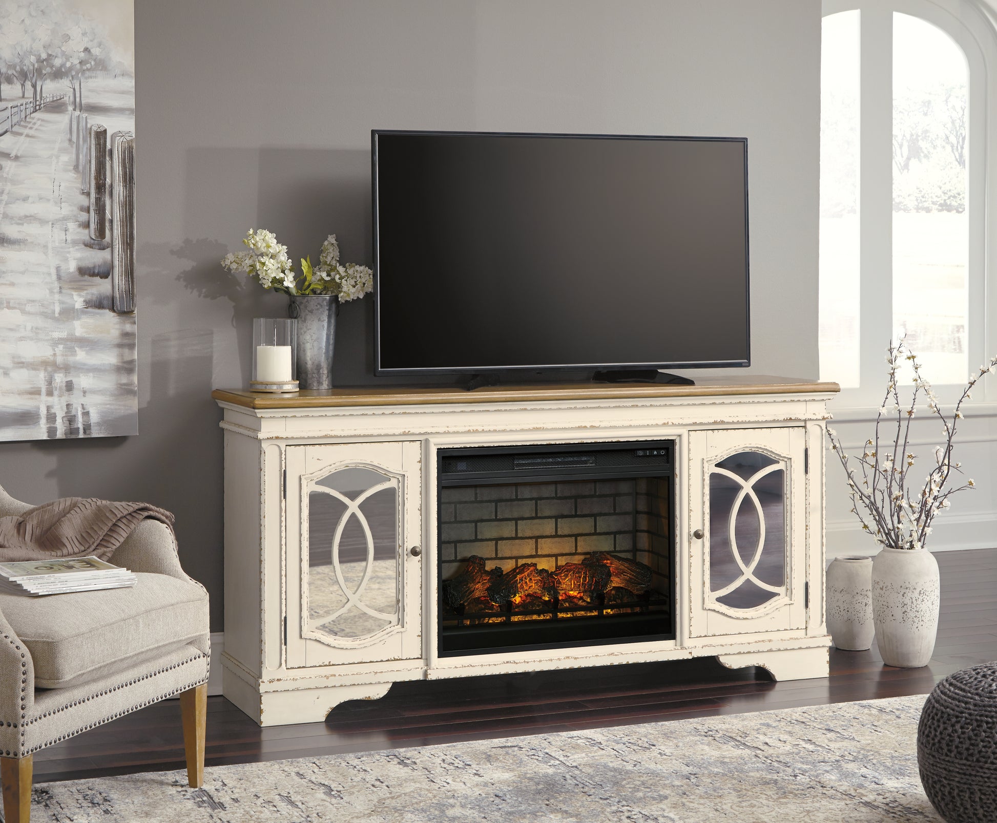 Cape Furniture Outlet - Ashley Furniture - Realyn 74" TV Stand with Electric Fireplace - 74" TV Stand with Electric Fireplace / Chipped White - W743W2