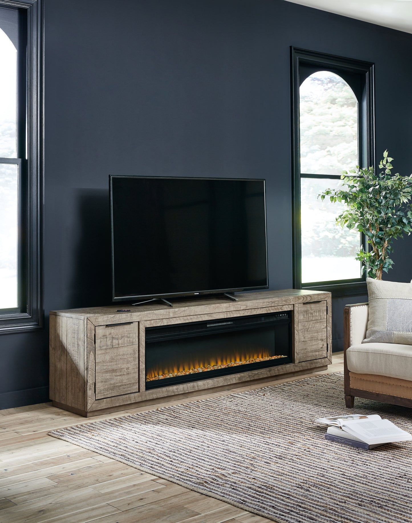 Cape Furniture Outlet - Ashley Furniture - Krystanza TV Stand with Electric Fireplace - TV Stand with Electric Fireplace / Weathered Gray - W760W1