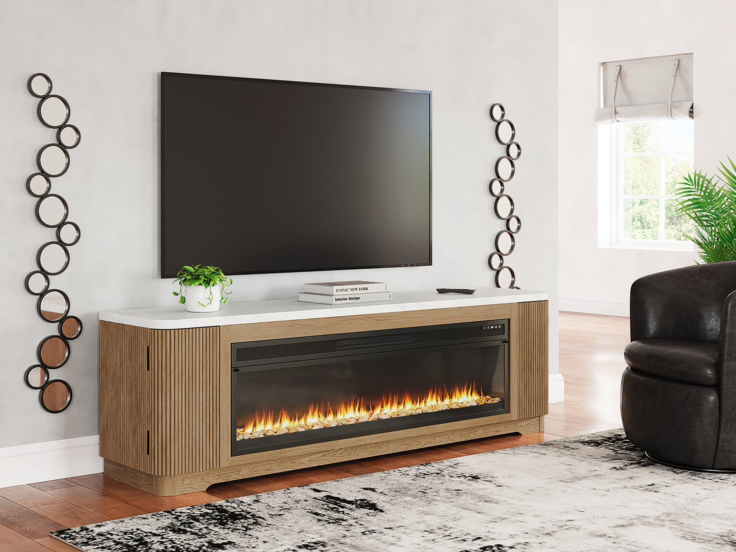 Cape Furniture Outlet - Ashley Furniture - Camdill 80" TV Stand with Electric Fireplace - 80" TV Stand with Electric Fireplace / Light Brown - W808W1