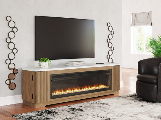 Cape Furniture Outlet - Ashley Furniture - Camdill 80" TV Stand with Electric Fireplace - 80" TV Stand with Electric Fireplace / Light Brown - W808W1