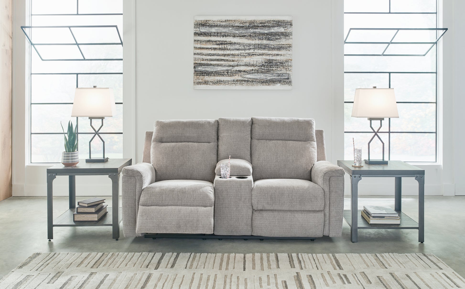 Cape Furniture Outlet - Ashley Furniture - Barnsana Living Room - DBL REC PWR Loveseat w/Console / Ash - 3320196
