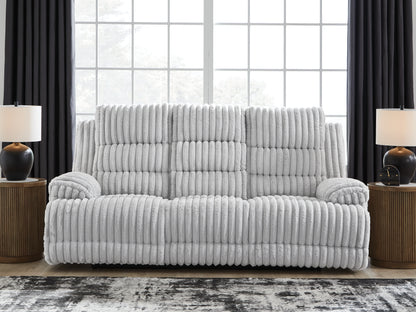 Cape Furniture Outlet - Ashley Furniture - Rhines Falls Living Room - REC PWR Sofa w/Drop Down Table / Alloy - PC4280499