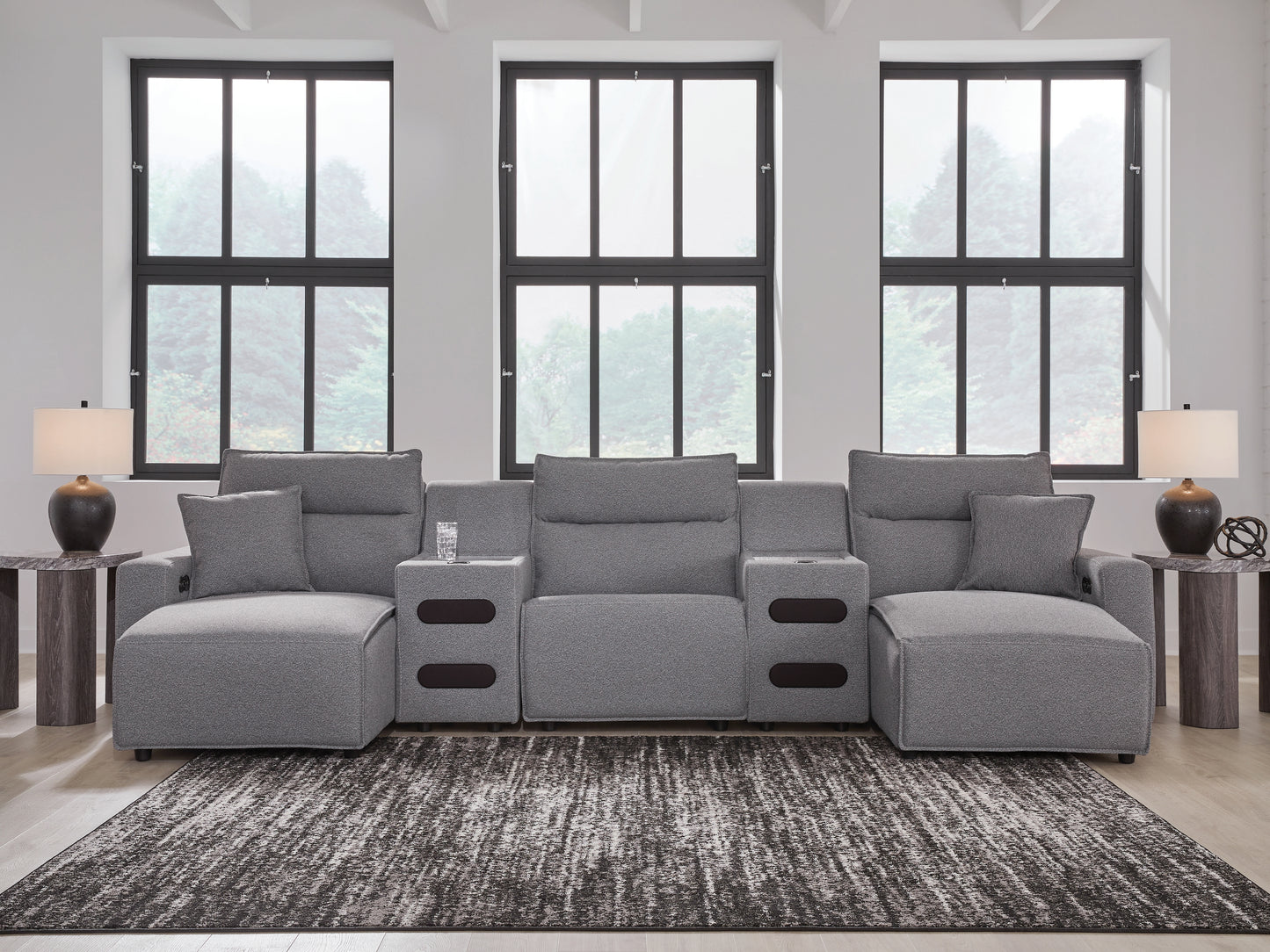 Cape Furniture Outlet - Ashley Furniture - ModMax II Sectional - 5-Piece Power Reclining Sectional with Chaise and Audio Consoles / Salt and Pepper - 65906S15