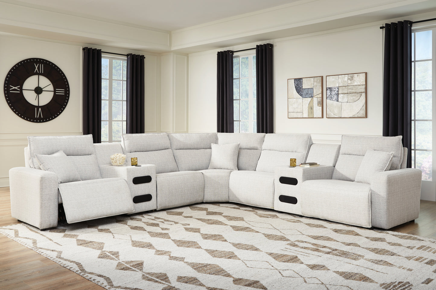 Cape Furniture Outlet - Ashley Furniture - ModMax II Sectional - 7-Piece Power Reclining Sectional with Chaise and Audio Consoles / Stone - 65907S9