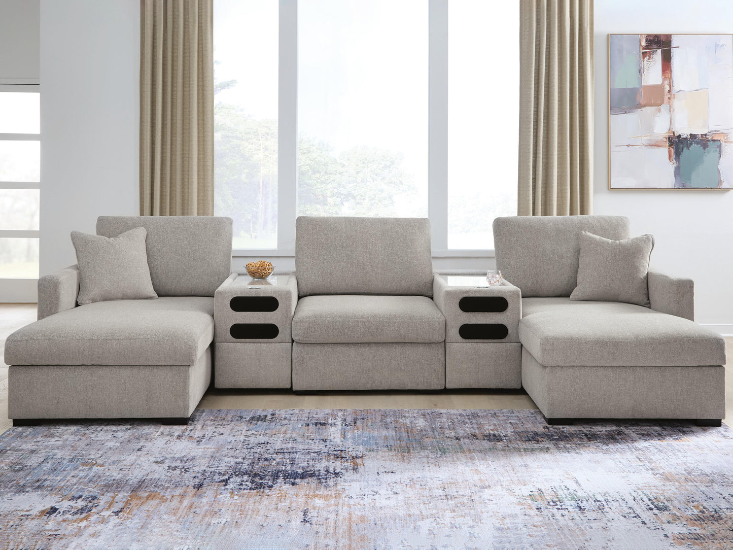 Cape Furniture Outlet - Ashley Furniture - ModMax Luxe Sectional - RAF 5-Piece Double Chaise Sectional with Audio Consoles / Flint - 68605S43