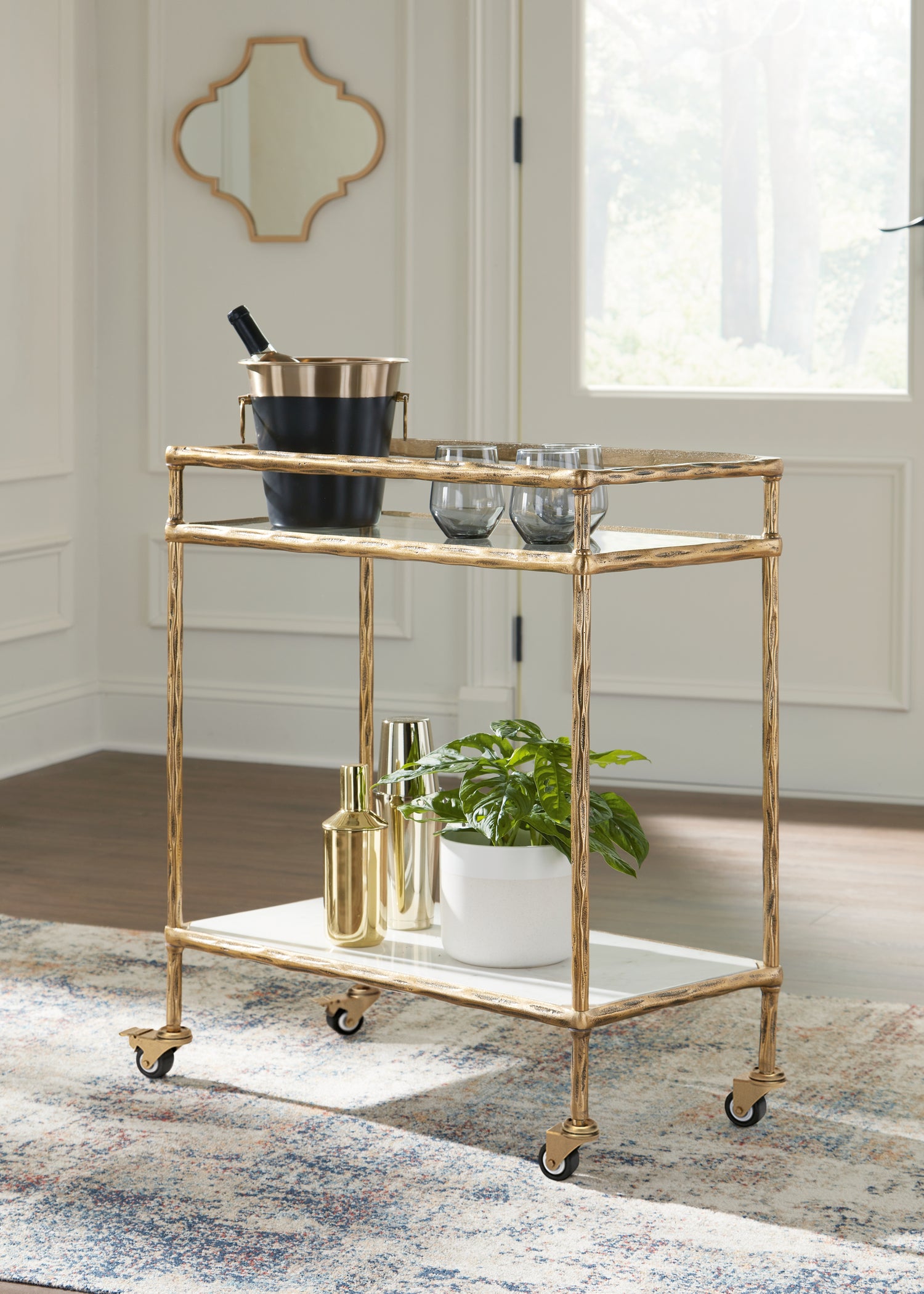 Cape Furniture Outlet - Ashley Furniture - Plattfield Bar Cart - Bar Cart / Antique Gold Finish - A4000625