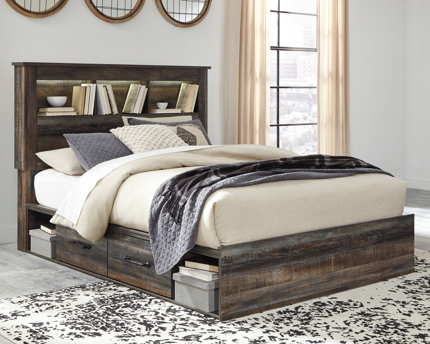 Cape Furniture Outlet - Ashley Furniture - Drystan Bedroom - Queen Bookcase Bed with 4 Storage Drawers / Multi - B211B18