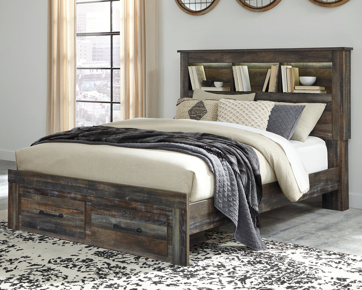 Cape Furniture Outlet - Ashley Furniture - Drystan Bedroom - Queen Bookcase Bed with 2 Storage Drawers / Multi - B211B23