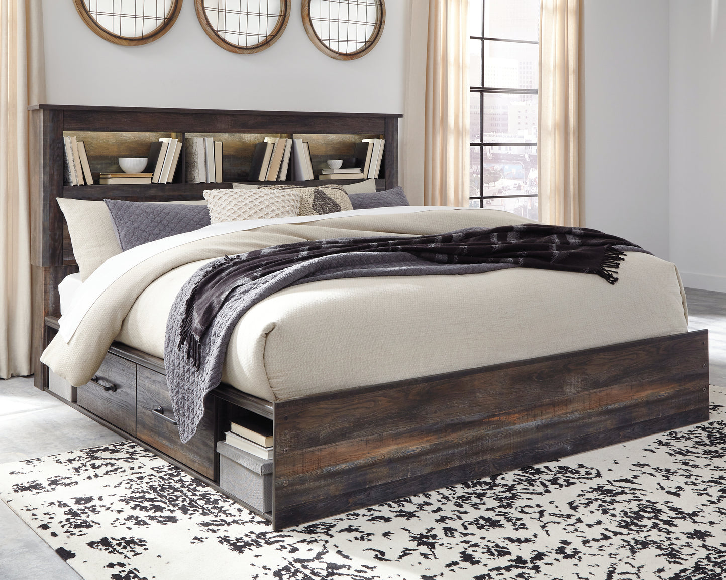 Cape Furniture Outlet - Ashley Furniture - Drystan Bedroom - King Bookcase Bed with 4 Storage Drawers / Multi - B211B52