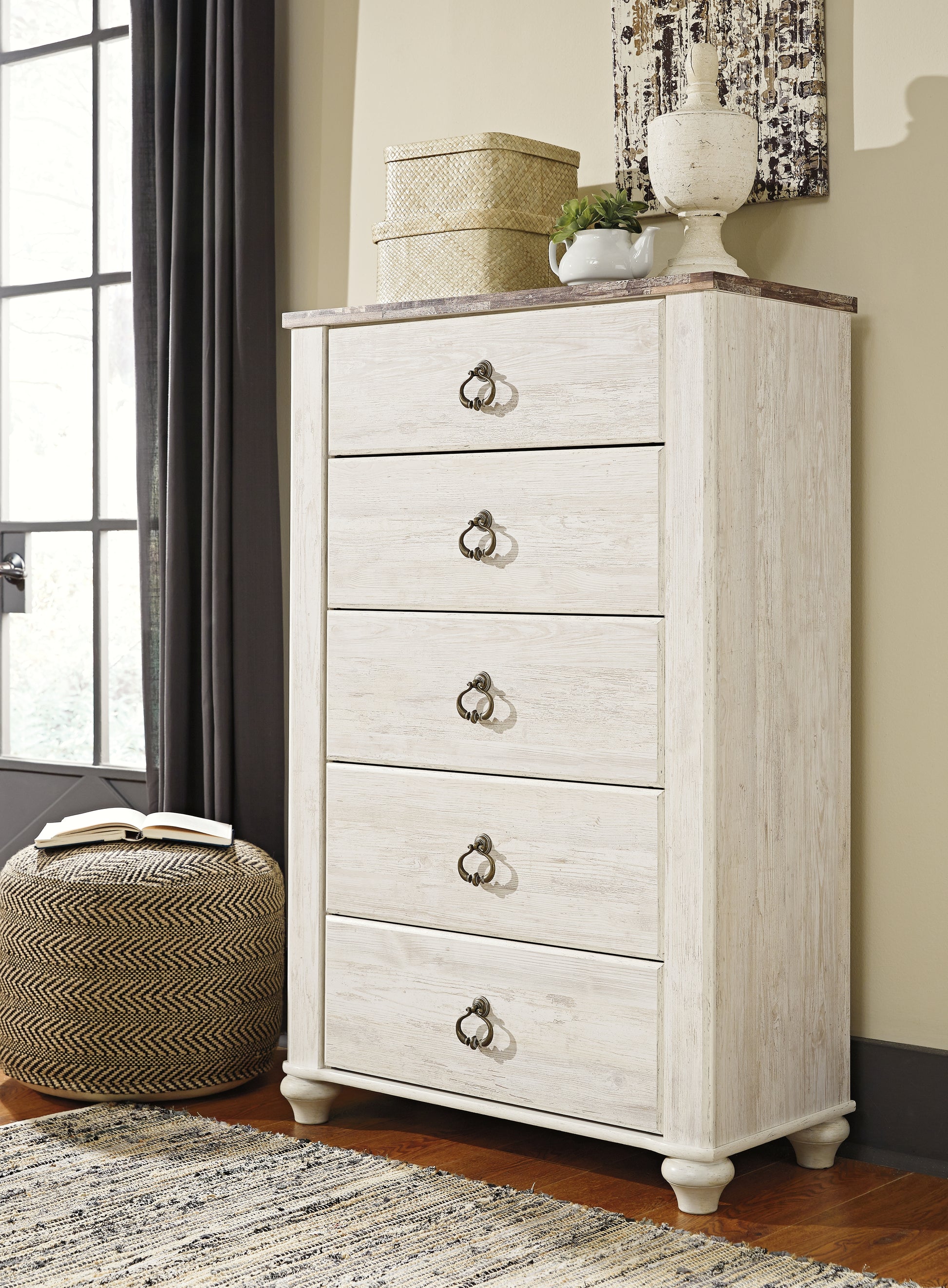 Cape Furniture Outlet - Ashley Furniture - Willowton Bedroom - Twin Panel Bed with 2 Storage Drawers / Whitewash - B267B21