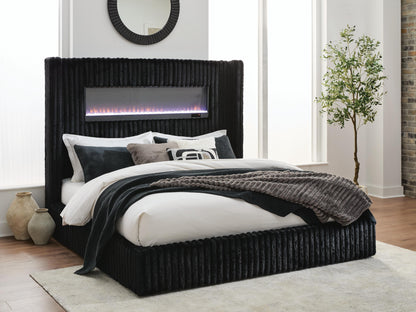 Cape Furniture Outlet - Ashley Furniture - Tayleena Bedroom - Queen Upholstered Bed with Fireplace and Wireless Audio / Black - PCB620B1