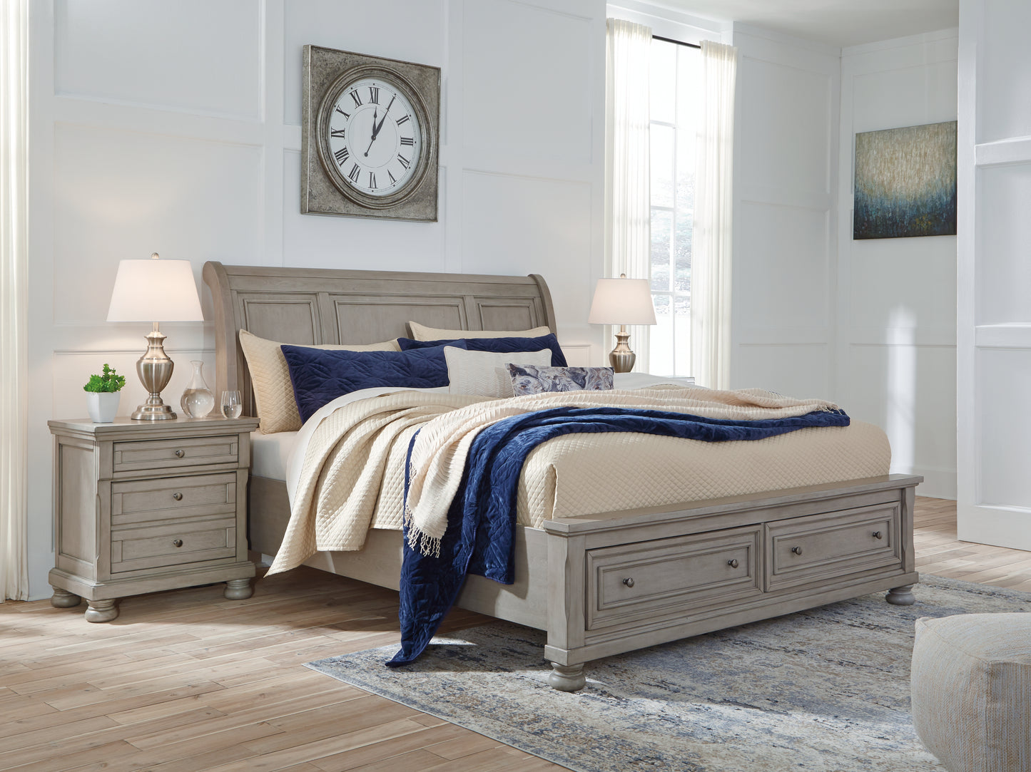 Cape Furniture Outlet - Ashley Furniture - Lettner Bedroom - King Sleigh Bed with 2 Storage Drawers / Light Gray - B733B8