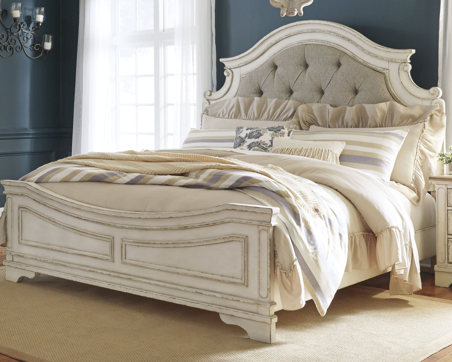 Cape Furniture Outlet - Ashley Furniture - Realyn Bedroom - California King Upholstered Panel Bed / Chipped White - B743B7