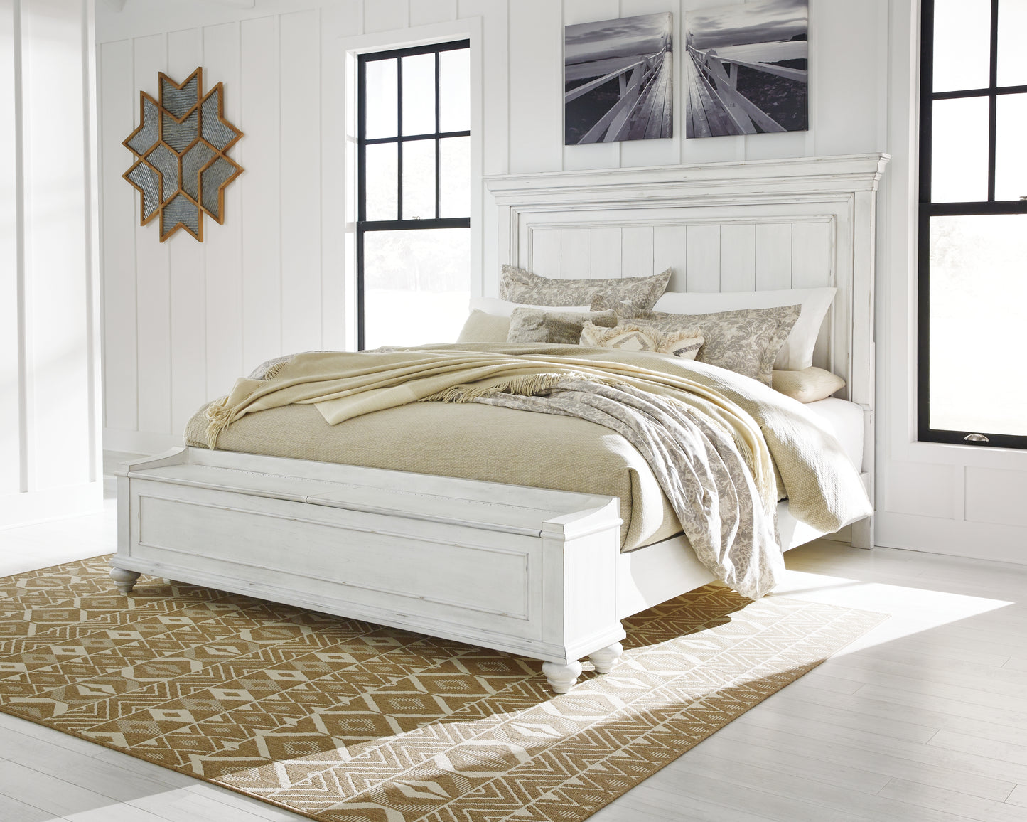 Cape Furniture Outlet - Ashley Furniture - Kanwyn Bedroom - Queen Panel Bed with Storage Bench / Whitewash - B777B6