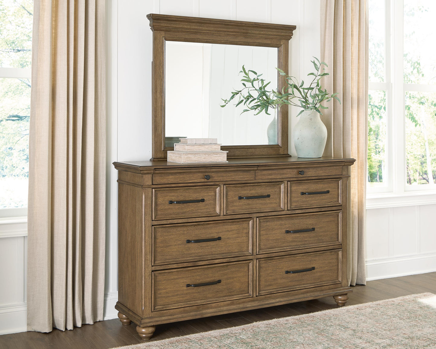 Cape Furniture Outlet - Ashley Furniture - Karallin Bedroom - Dresser and Mirror / Medium Brown - PCB782B1