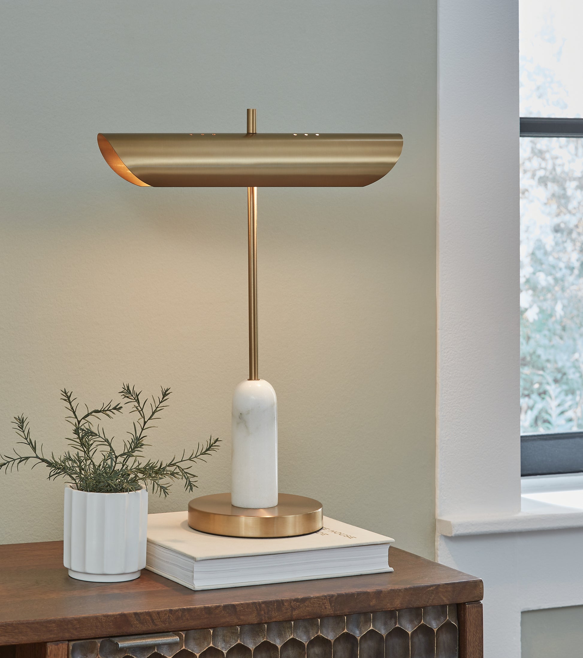 Cape Furniture Outlet - Ashley Furniture - Rowleigh Lighting - Marble Desk Lamp (1/CN) / Gold Finish/White - L734392