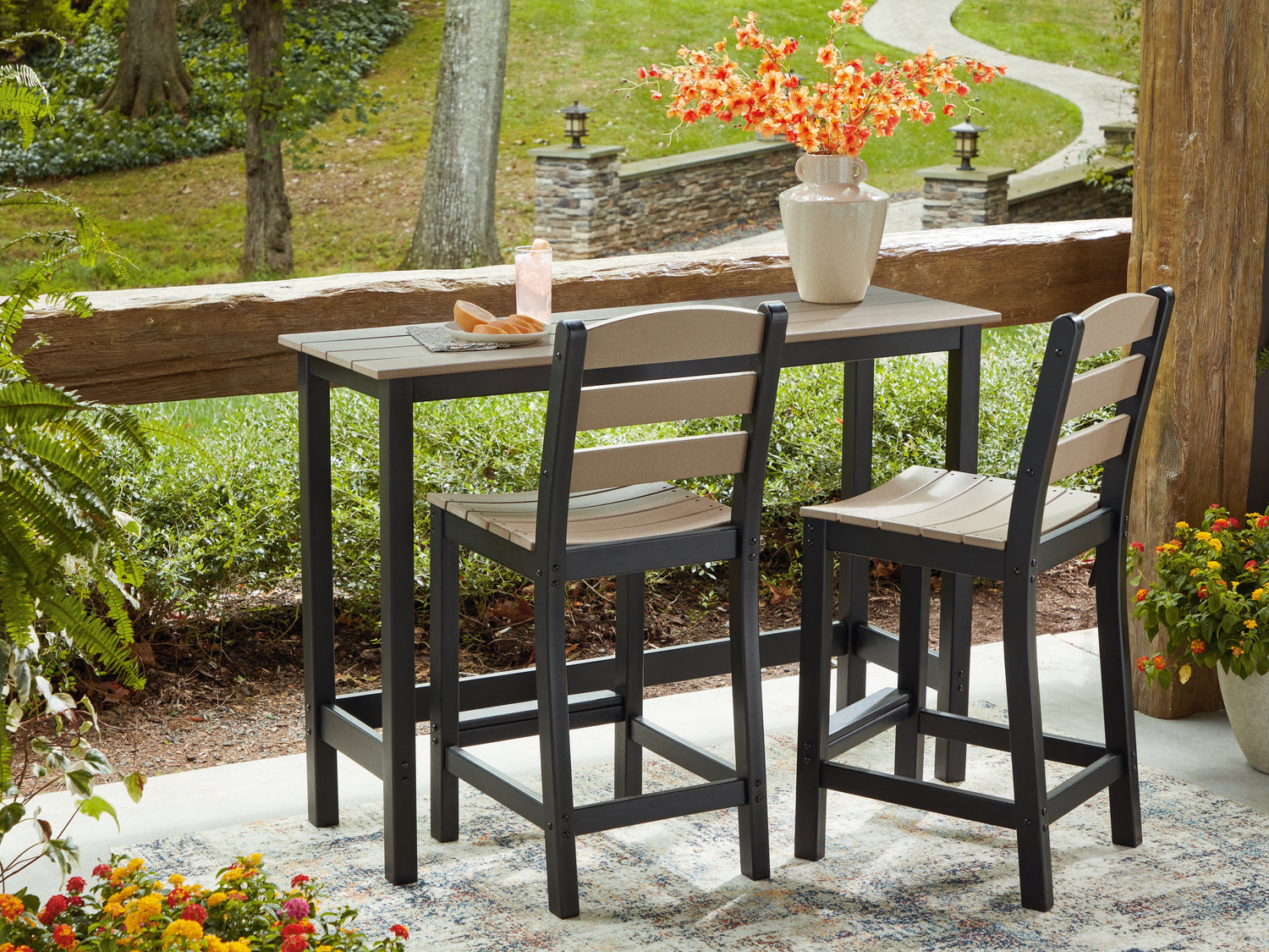 Cape Furniture Outlet - Ashley Furniture - Shoreline Beach Outdoor - Counter Table Set (3/CN) / Black/Beige - PCP221-113