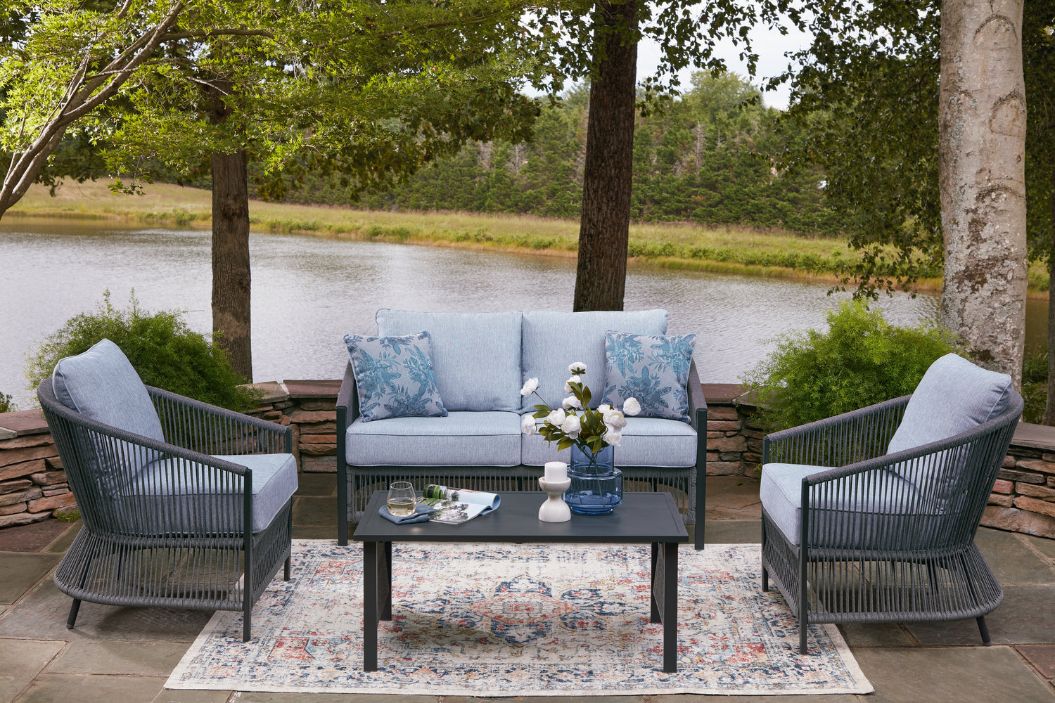 Cape Furniture Outlet - Ashley Furniture - Bridges Beach Outdoor - Love/Chairs/Table Set (4/CN) / Gray - PCP391-080