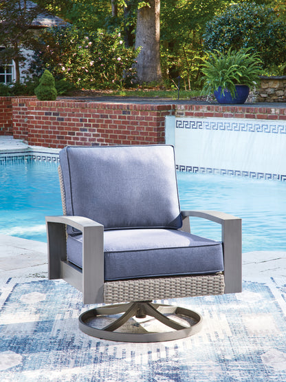 Cape Furniture Outlet - Ashley Furniture - Half Moon Beach Outdoor - Swivel Lounge w/ Cushion / Blue/Gray - PCP418-821