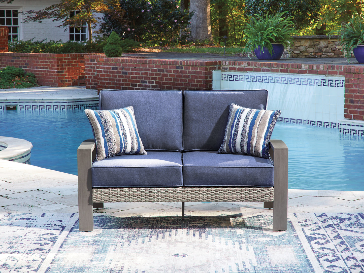 Cape Furniture Outlet - Ashley Furniture - Half Moon Beach Outdoor - Loveseat w/Cushion / Blue/Gray - PCP418-835