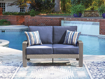 Cape Furniture Outlet - Ashley Furniture - Half Moon Beach Outdoor - Loveseat w/Cushion / Blue/Gray - PCP418-835