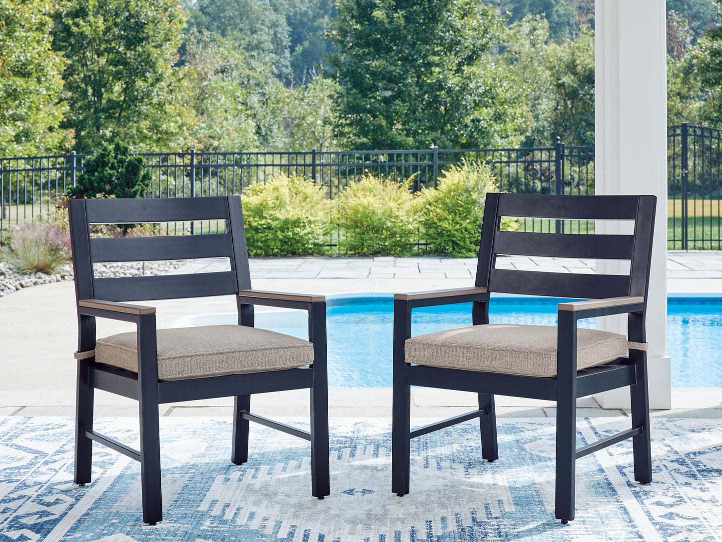 Cape Furniture Outlet - Ashley Furniture - East Beach Outdoor - Arm Chair With Cushion (Set of 2) / Navy Blue/Driftwood - PCP587-601A