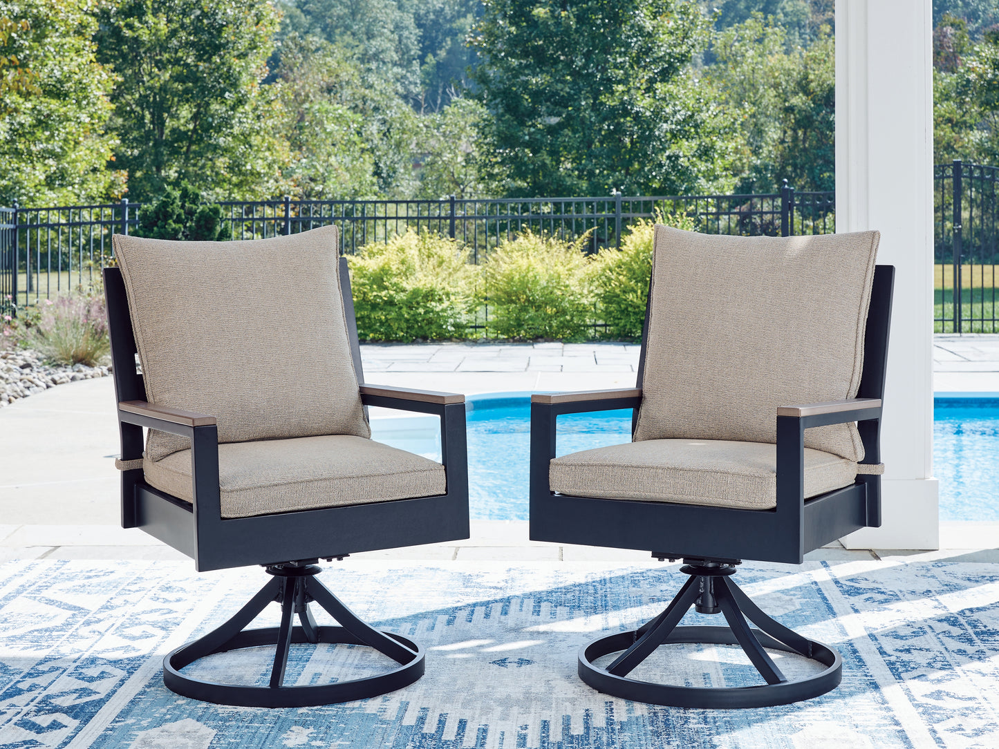 Cape Furniture Outlet - Ashley Furniture - East Beach Outdoor - Swivel Chair w/Cushion (Set of 2) / Navy Blue/Driftwood - PCP587-602A